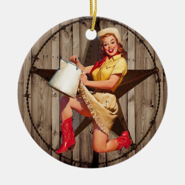Ornement Rond En Céramique rustic BarnWood Texas star western country cowgirl (Devant)
