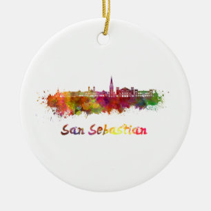 Ornement Rond En Céramique Saint-Sébastien skyline in watercolor