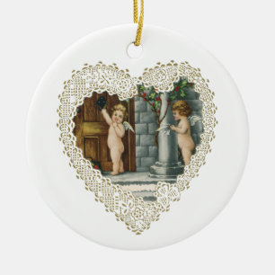 Ornement Rond En Céramique Saint-Valentin victorien, anges vintage avec lettr