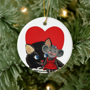 Ornement Rond En Céramique Saint-Valentin vintage, tasse à thé souris chat co
