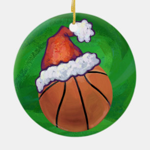Ornement Rond En Céramique Santa Hat Basketball on Green