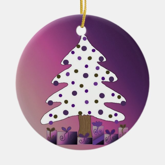 Ornement Rond En Céramique Sapin de Noël blanc et violet (Devant)