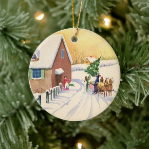 Ornement Rond En Céramique Sapin de Noël vintage sur une route enneigée d'hiv