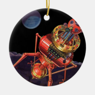 Ornement Rond En Céramique Science-fiction vintage d'astronaute avec robot al