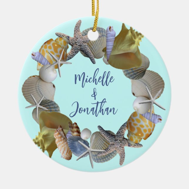 Ornement Rond En Céramique Seashell Wreath Names and Year Orament (Devant)