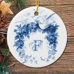 Ornement Rond En Céramique Serre romantique ・ Doses<br><div class="desc">Couronne romantique avec deux colombes en bleu. Modèle de texte personnalisable à droite.</div>
