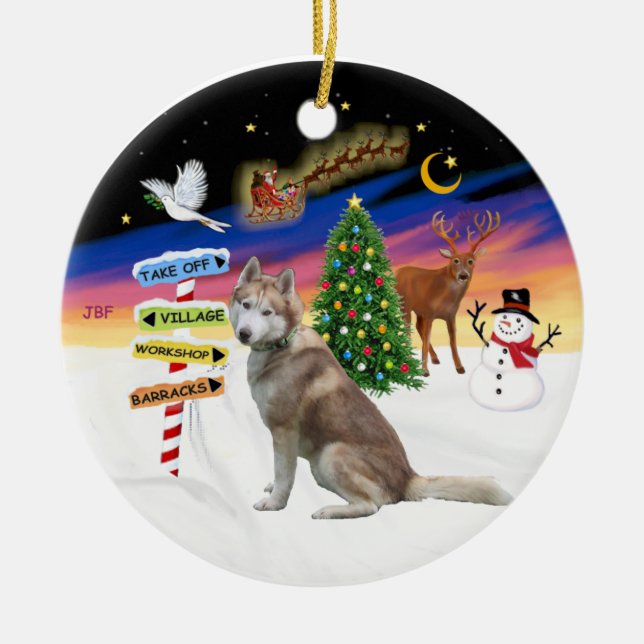 Ornement Rond En Céramique Signes de Noël - Husky Sibérien Rouge (Devant)