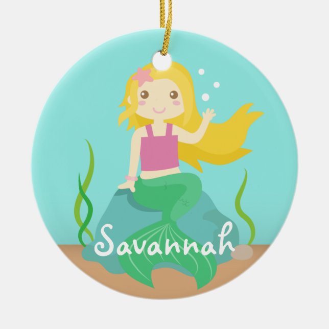 Ornement Rond En Céramique Sirène mignonne de l'océan, pour des filles (Devant)