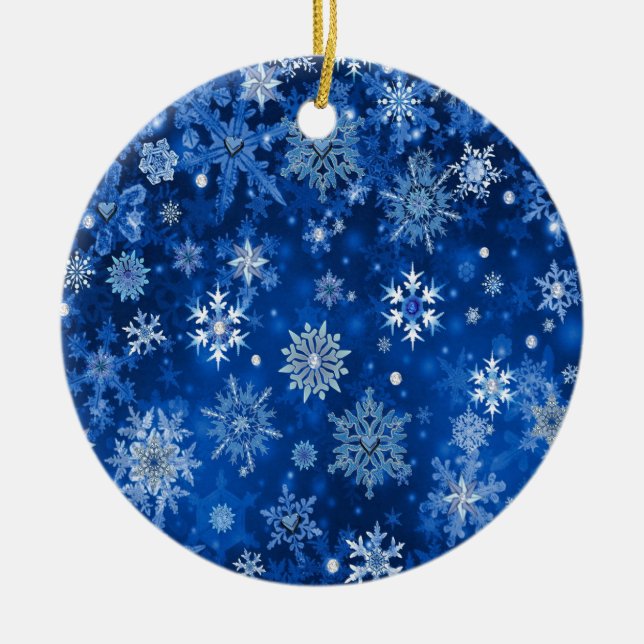 Ornement Rond En Céramique Snowflakes de Noël Bleu et argent (Devant)