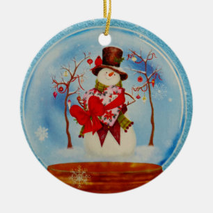 Ornement Rond En Céramique Snowman dans le monde des neiges