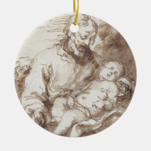 Ornement Rond En Céramique St Joseph avec l'enfant de sommeil du Christ