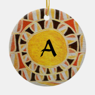Ornement Rond En Céramique SUN SOLAIRE ÉNERGIE MONOGRAMME jaune orange rouge 