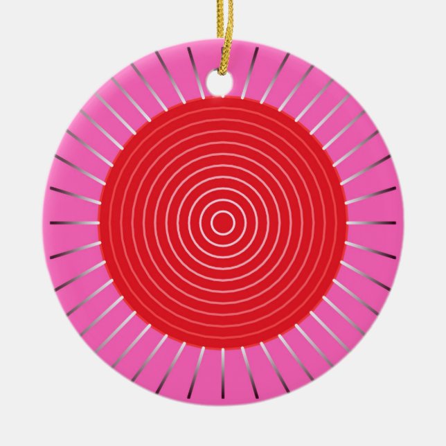 Ornement Rond En Céramique Sunburst géométrique moderne - Fuchsia et rouge (Devant)