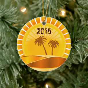 Ornement Rond En Céramique Sunburst Tropical, Plage Palm Trees Personnalisé