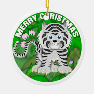 Ornement Rond En Céramique Tigre de blanc de Joyeux Noël