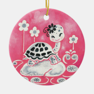 Ornement Rond En Céramique Tortue mignonne de fille avec des fleurs et des