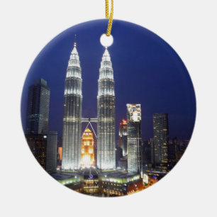 Ornement Rond En Céramique Tours Petronas illuminées la nuit Kuala Lumpur