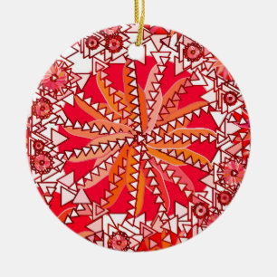 Ornement Rond En Céramique Tribal Mandala Print, Coral rouge et blanc