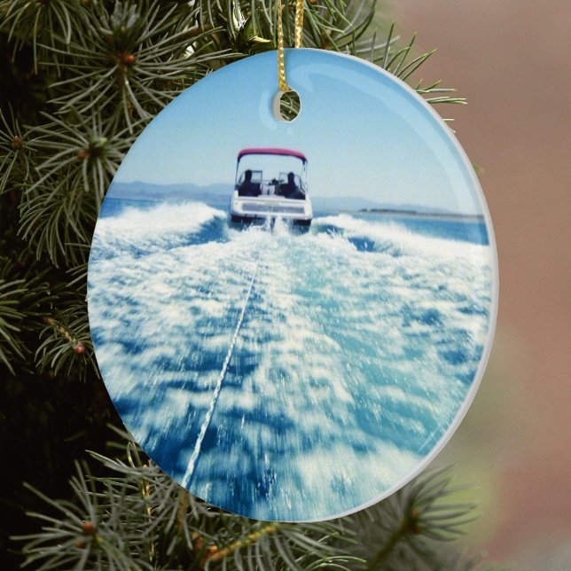 Ornement Rond En Céramique Tubing Behind Speed Boat (Create Your Own Water Sports Photo Ornament)