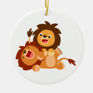 Ornement Rond En Céramique Two Cute Playful Cartoon Lions Ornament