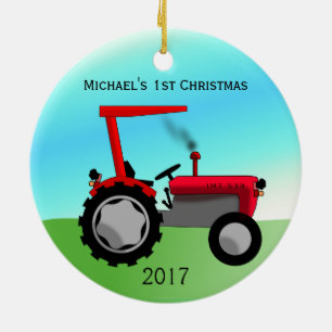 Ornement Rond En Céramique Un joli tracteur de ferme rouge pour bébé Noël