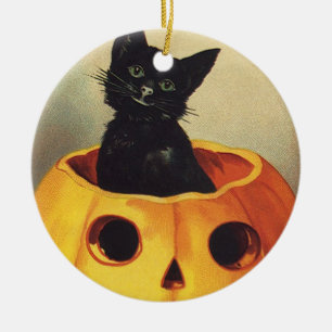 Ornement Rond En Céramique Un joyeux Halloween par Ellen Clapsaddle, Chat Vin