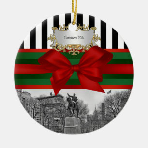 Ornement Rond En Céramique Union Square Park Hiver NYC Blk Wht Strp Noël #2R
