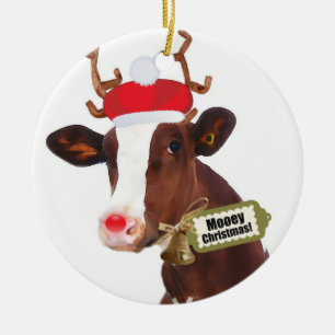 Ornement Rond En Céramique Vache à renne de Joyeux Noël de Mooey
