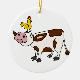 Ornement Rond En Céramique Vache géniale avec le poulet sur sa bande dessinée