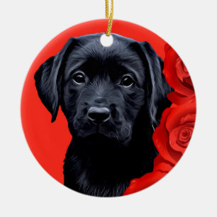 Ornement Rond En Céramique Valentine Puppy Roses - Labrador - Black Lab