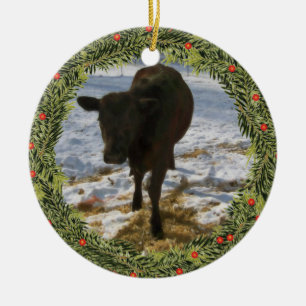 Ornement Rond En Céramique Veau de Noël