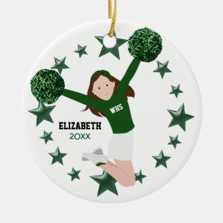 Ornement Rond En Céramique Vert Brown et blanc de Pom Poms de pom-pom girl de
