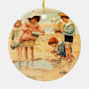 Ornement Rond En Céramique Vintage Antique Beach Boy Girl Enfants Art