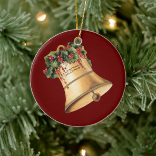 Ornement Rond En Céramique Vintage Noël Cloches Dorées, Vœux de la Saison