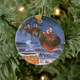 Ornement Rond En Céramique Vintage Noël Le Père Noël Volant Son Sommeil