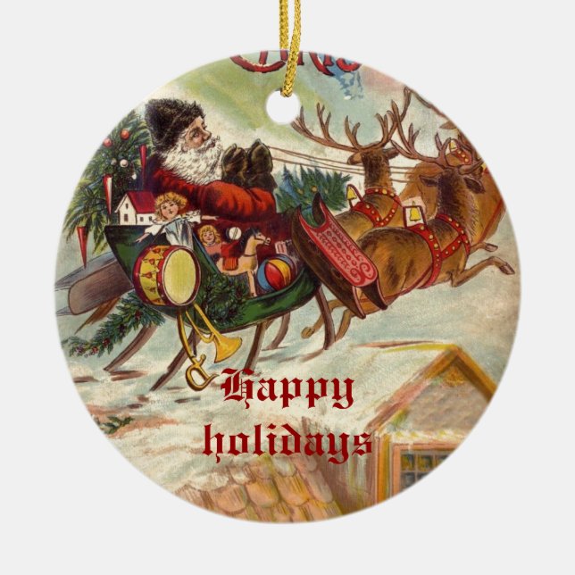 Ornement Rond En Céramique Vintage Santa Claus Reindeer (Devant)