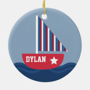 Ornement Rond En Céramique Voilier mignon nautique pour des enfants