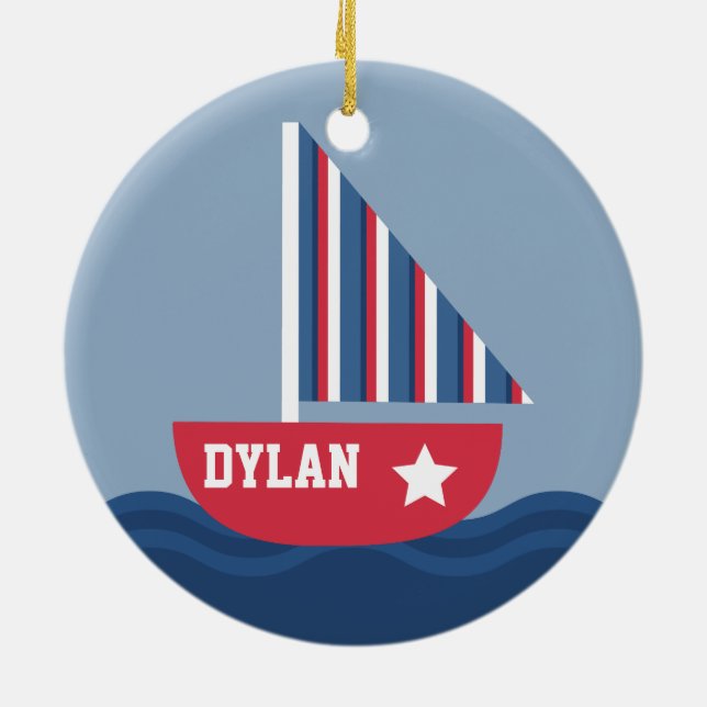 Ornement Rond En Céramique Voilier mignon nautique pour des enfants (Dos)