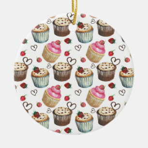 Ornement Rond En Céramique Watercolor cupcakes