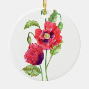 Ornement Rond En Céramique Watercolor Red Poppies Floral Art