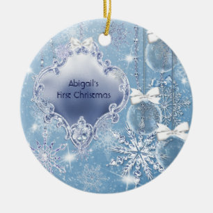 Ornement Rond En Céramique Winter Wonderland Blue Ice Baby's First Christmas