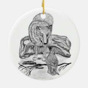 Ornement Rond En Céramique Wolf and Raven black and white design