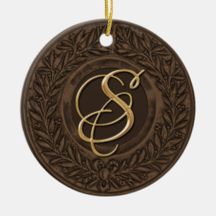 Ornement Rond En Céramique Wreath Laurel avec Monogramme d'or en Brown