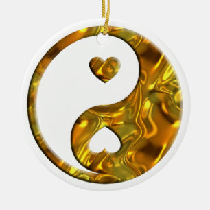 Ornement Rond En Céramique Yin & Yang / Cœurs d'or
