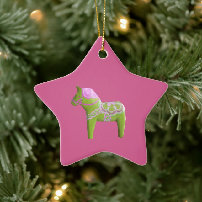 Ornement rose et vert Dala Horse Star (Arbre)