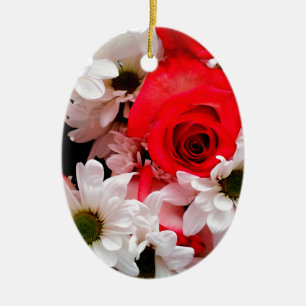Ornement Rouge-Blanc-Rose-Daisies-Bouquet-Oval