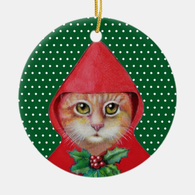 Ornement rouge de capuchon de chat de Noël (Devant)