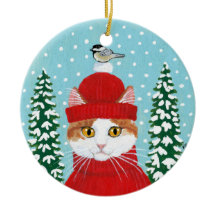 Ornement rouge d'hiver d'oiseau de chat de Noël