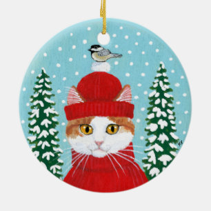 Ornement rouge d'hiver d'oiseau de chat de Noël
