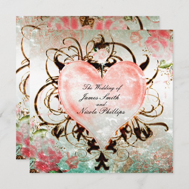 Ornemental Elegant Floral Vintage Heart Invitation (Devant / Derrière)